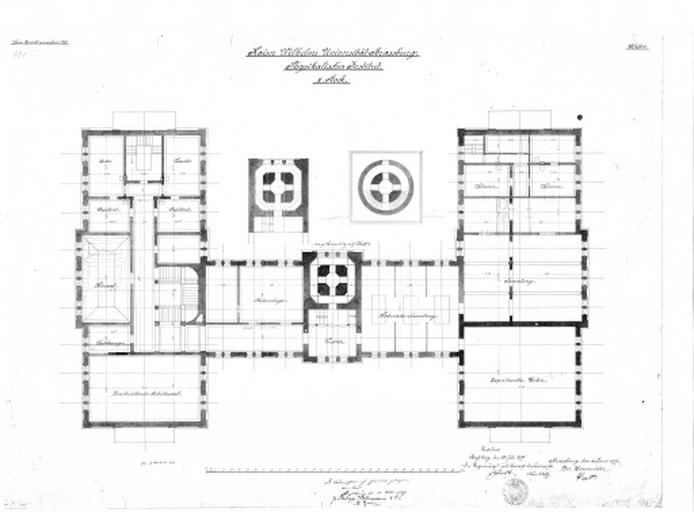 Plan au sol du deuxième étage : le tracé circulaire sur la terrasse de la tour d'expérimentation indique qu'il est encore prévu à cette date (juin 1879) de coiffer la tour carrée d'une coupole.