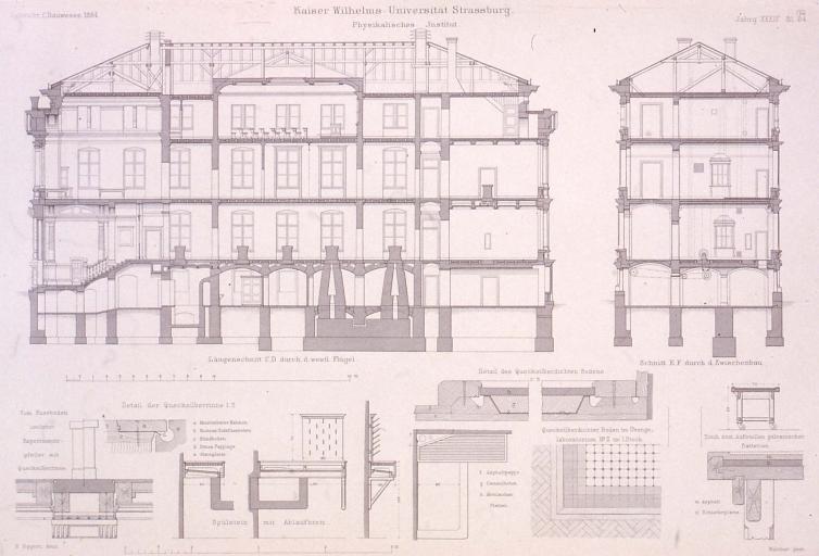 Coupe longitudinale C-D de l'aile ouest, montrant le système d'isolation des piliers pour l'expérimentation et le sol imperméable au mercure.