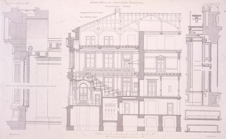 Coupe longitudinale de l'aile Est, montrant la salle de cour et le système de fermeture des fenêtres.