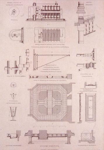 Plan au sol de la plateforme de la tour (description du sol) et description des systèmes d'obturation de l'amphithéâtre.