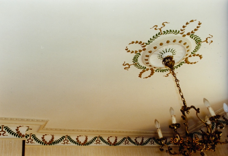 Décor stuqué du plafond d'une pièce du rez-de-chaussée.