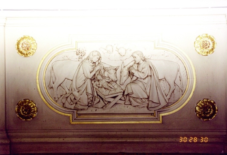 Détail du devant d'autel nord, décor en bas-relief (Nativité).