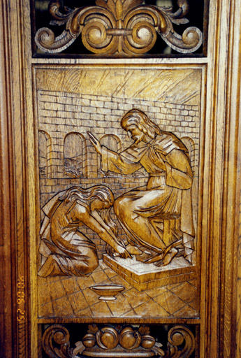 Détail du bas-relief de la porte du confessionnal : Lavement des pieds.