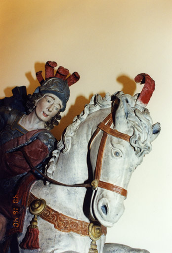 Détail de la tête de saint Georges et de celle du cheval.