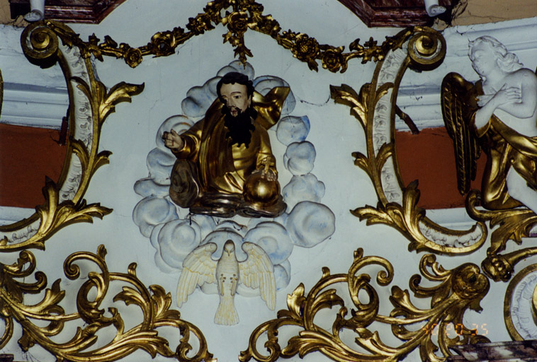 Ensemble de deux statues, d'un calvaire et d'un relief : Saint Benoît, sainte Scholastique, Vierge, Saint Jean, Christ en croix et Dieu le Père