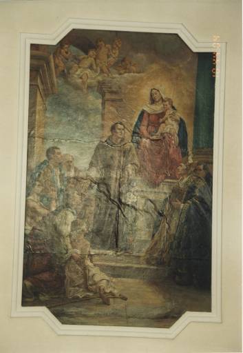 Peinture représentant saint Antoine de Padoue et le miracle de la guérison de la jambe coupée.