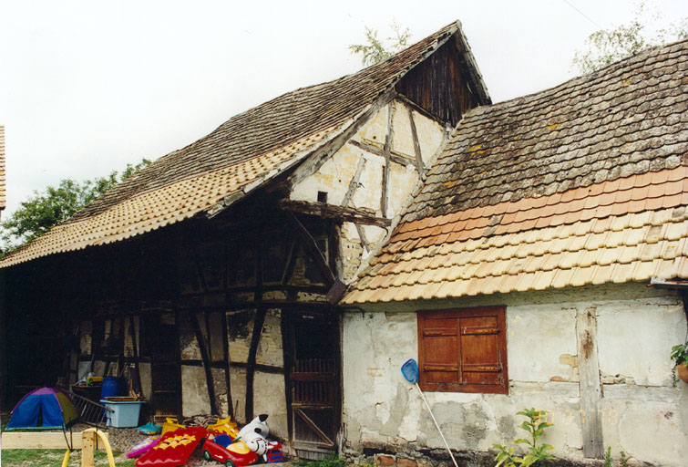 Logis et grange accolée depuis le nord, gouttereau avant et pignon en pan de bois. Vue d'ensemble.