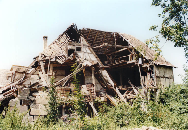 Vue d'ensemble, depuis le sud. Meunerie en ruine, à l'arrière du logis.