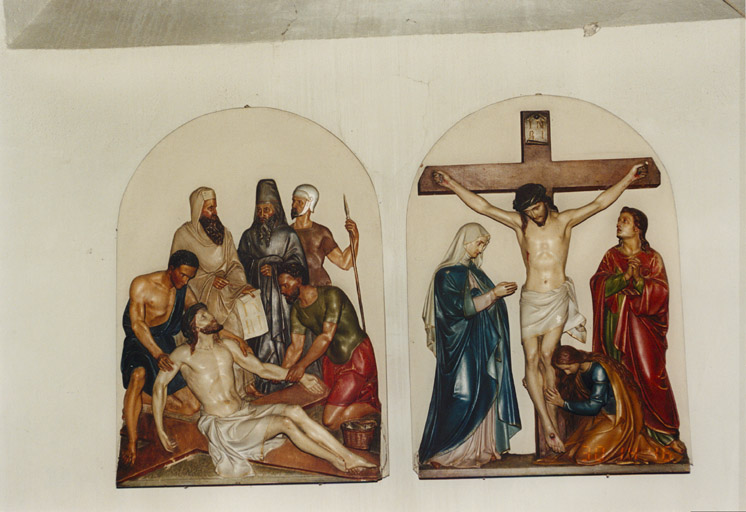 Chemin de croix, limite 19e-20e siècle. Vue de détail des 11e et 12e stations.