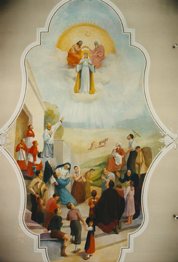 Plafond peint de la nef représentant le couronnement de la Vierge (peint par Limido, 1954).