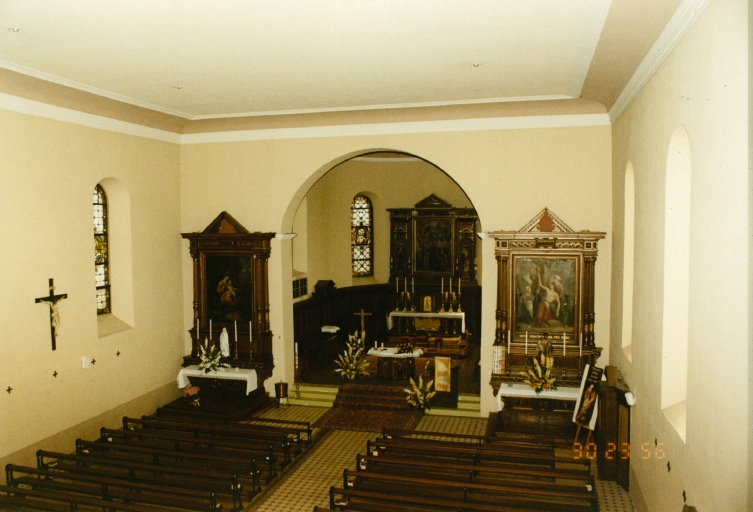 Vue d'ensemble du choeur et de la nef depuis la tribune d'orgue.