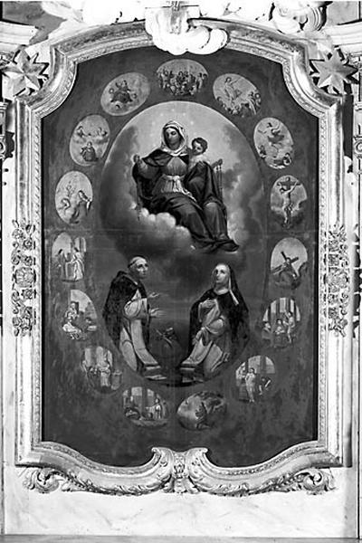 Tableau d'autel et son cadre : la Donation du rosaire à saint Dominique et sainte Catherine de Sienne