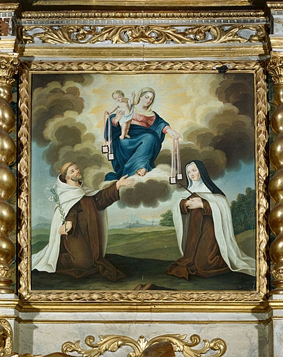 Tableau : Donation du scapulaire à saint Simon Stock et à sainte Thérèse d'Avila.