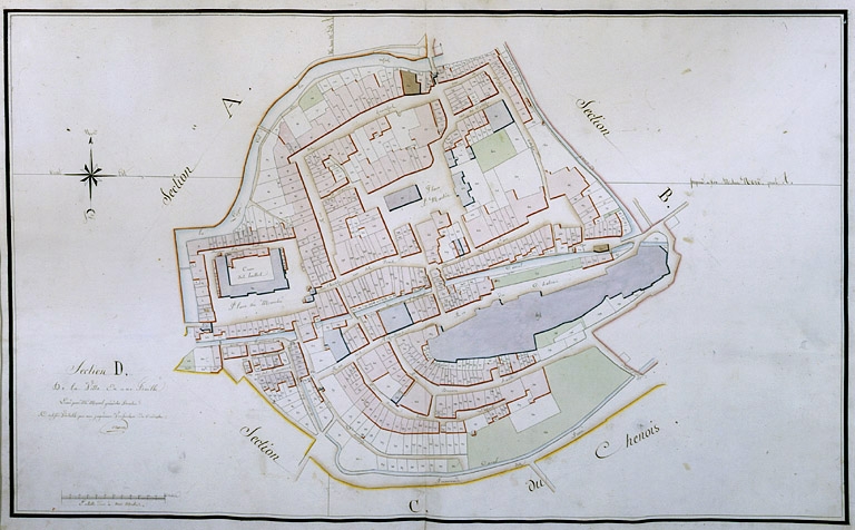 Plan des quartiers médiévaux : extrait du plan cadastral de 1812, section D, par Morel.