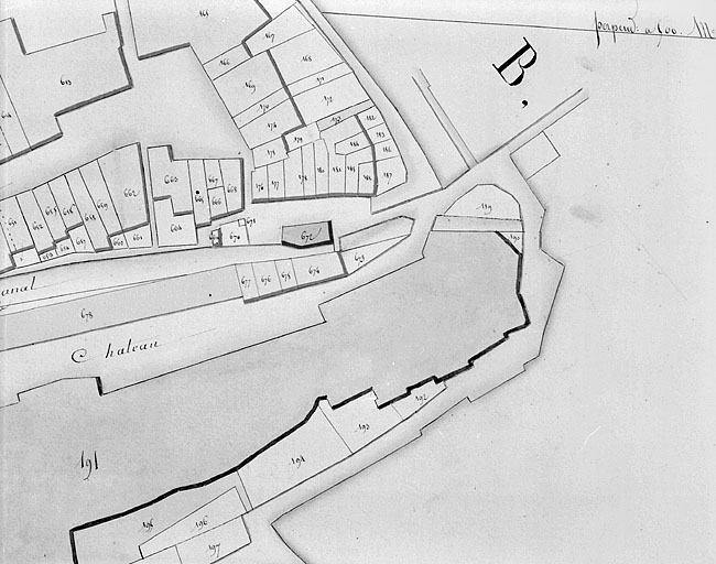 Quartier du Bourg Vauthier et partie orientale de l'acropole du château : extrait du plan cadastral de 1812, section D, par Morel.