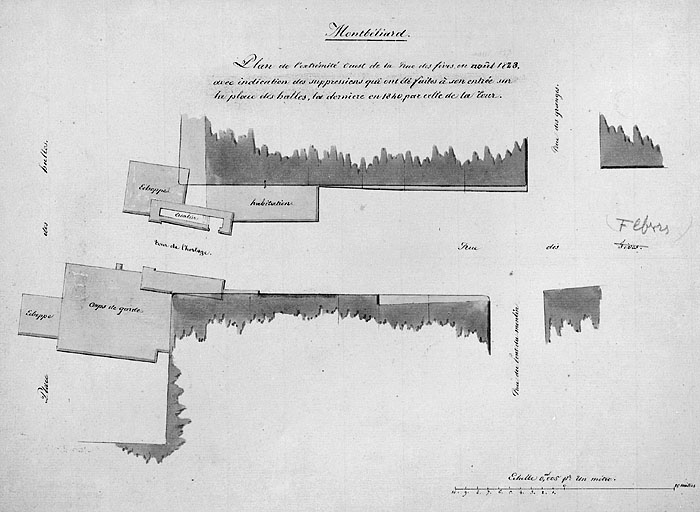 Montbéliard. Plan de l'extrémité de la rue des Fèves en août 1823 [plan de la porte de l'Aule], après 1840.