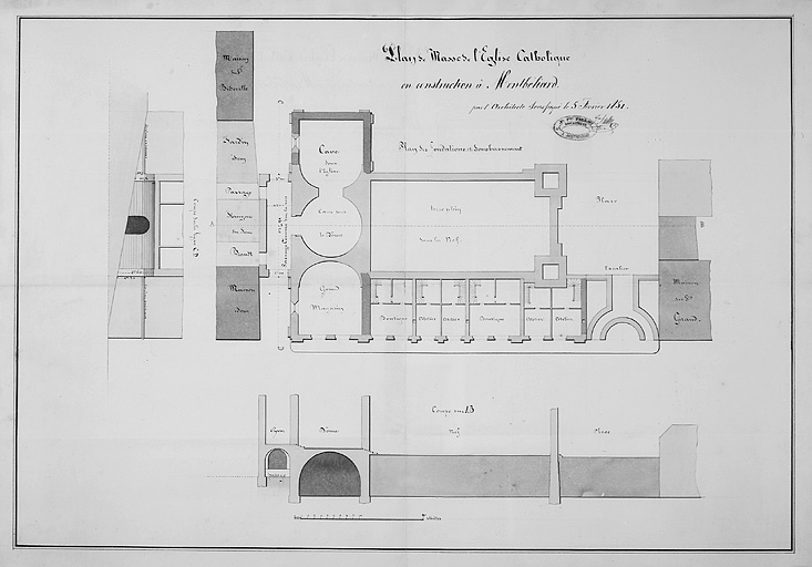 Plan de masse de l'église catholique en construction à Montbéliard. Plan des fondations et soubassement, 1851.