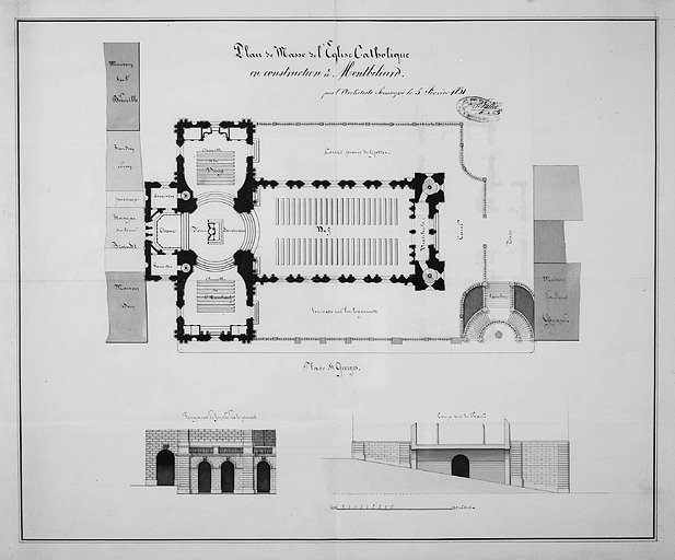 Plan de masse de l'église catholique en construction à Montbéliard, 1851.