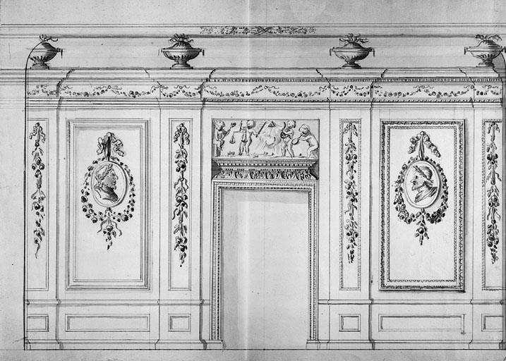 Projet de décors muraux pour la salle axiale du 1er étage, vers 1776-1777.