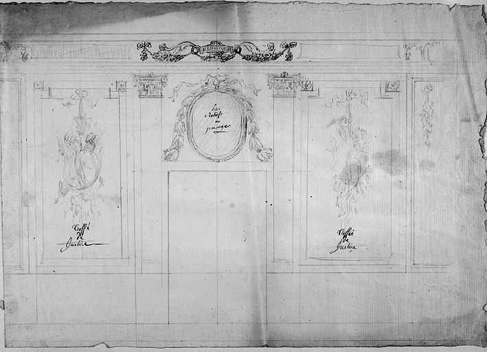 Esquisse pour les décors muraux de la salle axiale du 1er étage, vers 1776-1777.