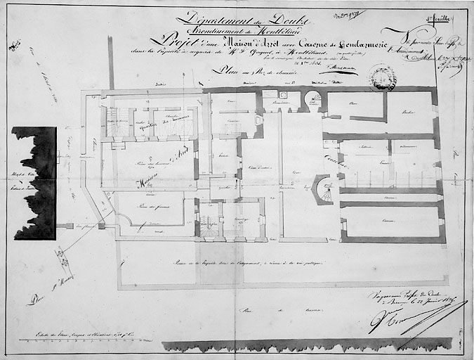 Projet d'une maison d'arrêt avec caserne de gendarmerie. Plan du rez-de-chaussée, 1834.