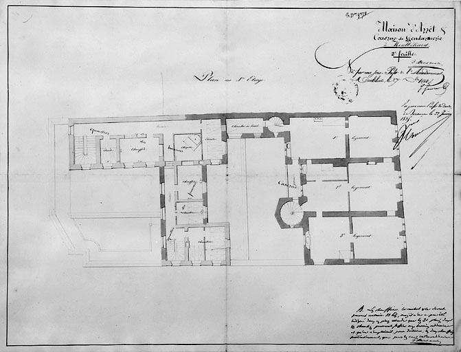Projet d'une maison d'arrêt avec caserne de gendarmerie. Plan du 1er étage, 1834.