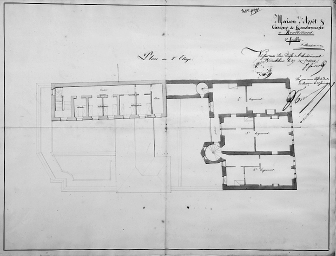 Projet d'une maison d'arrêt avec caserne de gendarmerie. Plan du 2e étage, 1834.