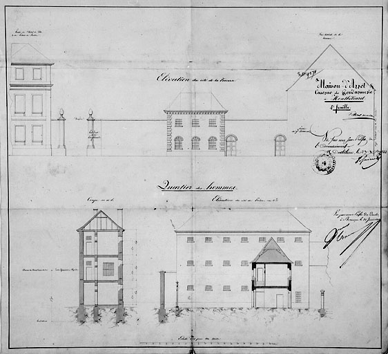 Projet d'une maison d'arrêt avec caserne de gendarmerie. Elévations et coupe de la prison, 1834.