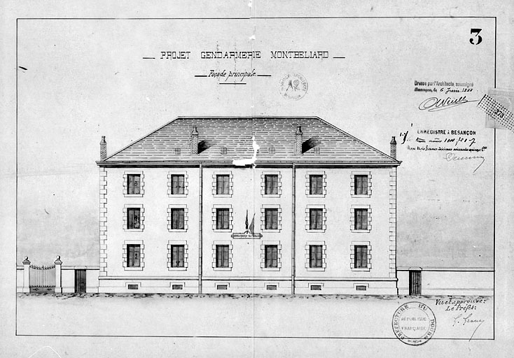 Projet de Gendarmerie à Montbéliard. Elévation de la façade principale, 1888.