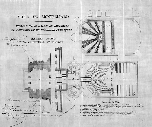 Projet de salle de spectacle. Plan général et plafond, 1854.