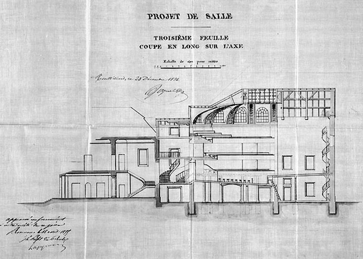 Projet de salle de spectacle. Coupe en long sur l'axe, 1854.