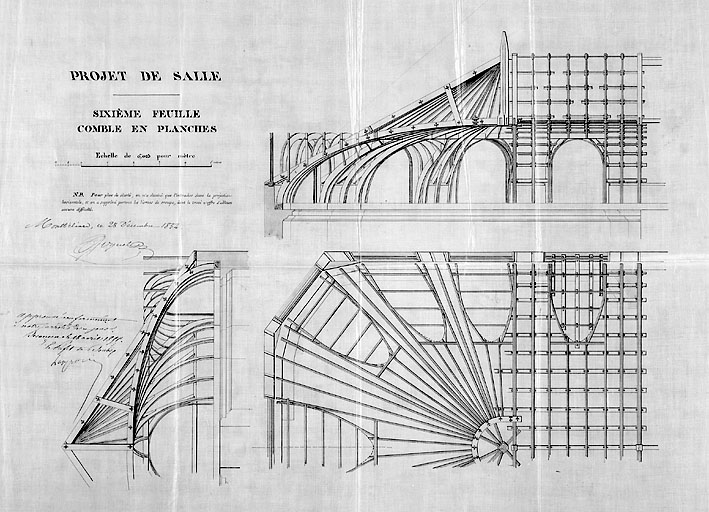 Projet de salle de spectacle. Combles en planches, 1854.