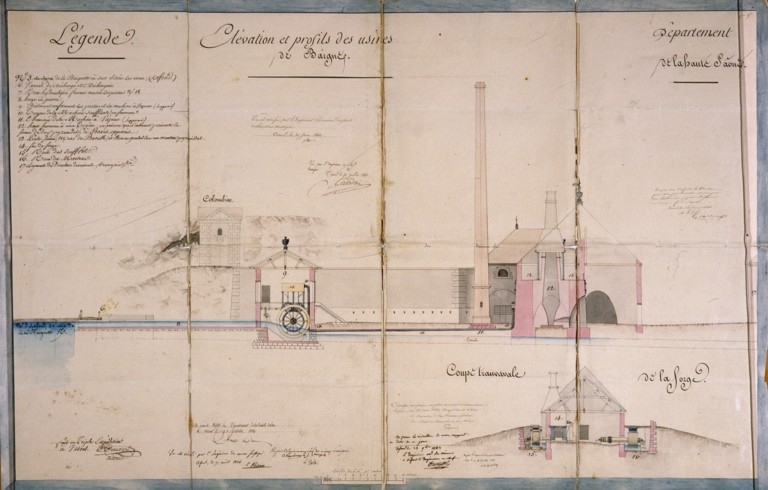 Elévation et profils des usines de Baignes.