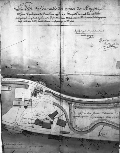 Plan de l'ensemble des usines de Baignes, de leurs dépendances et du cours d'eau appelé la Baignotte sur lequel elles sont situées, dressé par l'architecte soussigné dans le courant des mois [...] 1832 et janvier 1833, sur l'invitation de M. Kornprobst [...], d'après les indications de Mr Pataillot, directeur et de quelques employés desdites usines [partie centrale].