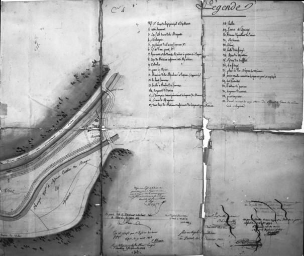 Plan de l'ensemble des usines de Baignes, de leurs dépendances et du cours d'eau appelé la Baignotte sur lequel elles sont situées, dressé par l'architecte soussigné dans le courant des mois [...] 1832 et janvier 1833, sur l'invitation de M. Kornprobst [...], d'après les indications de Mr Pataillot, directeur et de quelques employés desdites usines [partie droite].