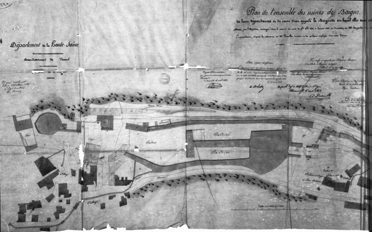 Plan de l'ensemble des usines de Baigne, de leurs dépendances et du cours d'eau appelé la Baignotte sur lequel elles sont situés [partie gauche].