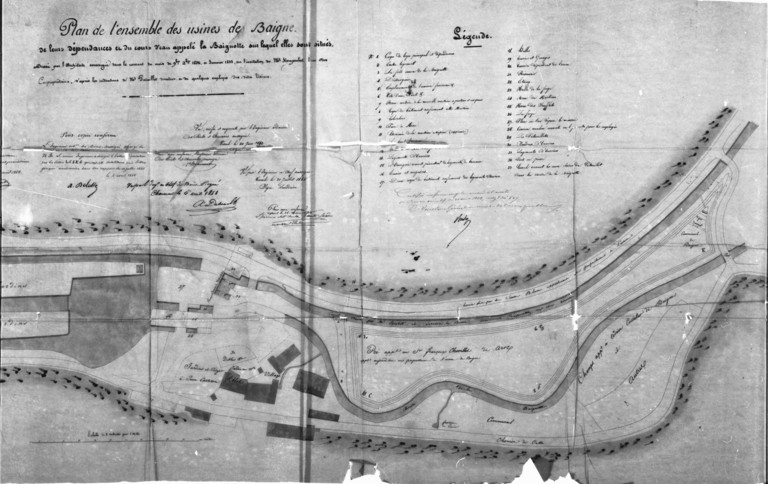 Plan de l'ensemble des usines de Baigne, de leurs dépendances et du cours d'eau appelé la Baignotte sur lequel elles sont situés [partie droite].