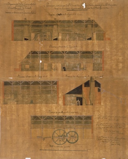 Elévation intérieure de l'usine de Scey-sur-Saône consistant en haut fourneau, forges et laminoir [...].
