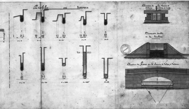 Usine de Mr Tinseau. Instruction des réclamations formulées par la commune de Valay contre la retenue du haut fourneau de Valay, [profil en travers et ouvrages d'art].