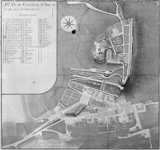 Plan du château d'Arlay et de ses attenances [vue d'ensemble, plans de distribution apparents].