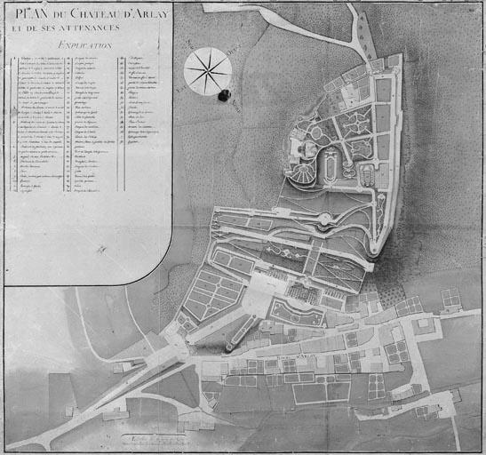 Plan du château d'Arlay et de ses attenances [vue d'ensemble, élévations apparentes à plat].