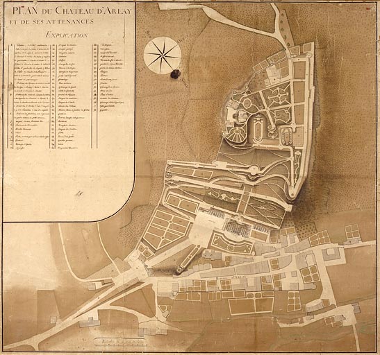 Plan du château d'Arlay et de ses attenances [vue d'ensemble, élévations apparentes à plat].