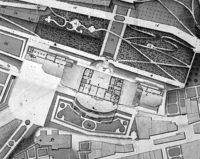 Plan du château d'Arlay et de ses attenances [détail : château et communs, plans de distribution apparents].