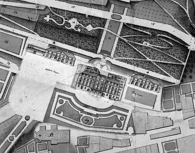 Plan du château d'Arlay et de ses attenances [détail : château et communs, élévations apparentes à plat].