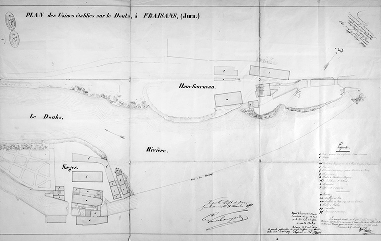 Plan des usines établies sur le Doubs, à Fraisans (Jura).