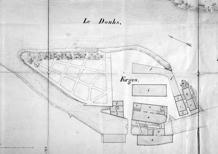 Plan des usines établies sur le Doubs, à Fraisans (Jura) [détail de la Vieille Forge].
