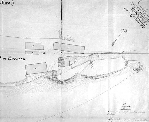 Plan des usines établies sur le Doubs, à Fraisans (Jura) [détail de la Forge Neuve].