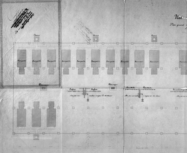 Usine de Fraisans. Plan général de disposition de la Forge [détail de la partie gauche du plan].