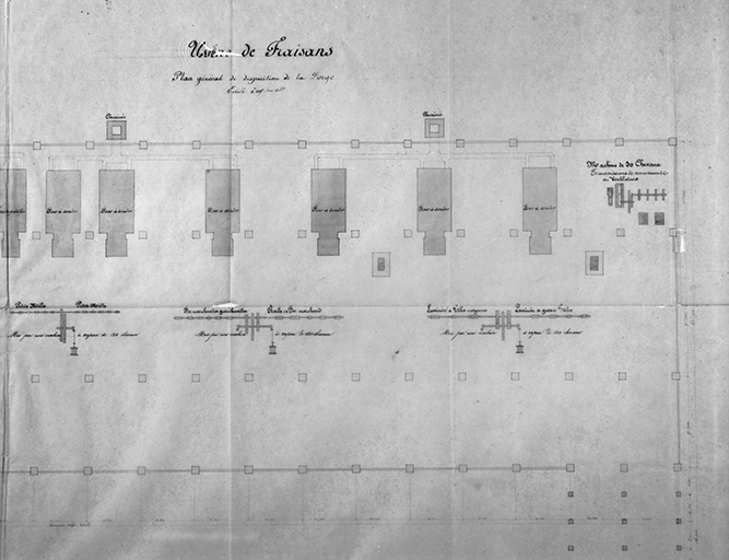 Usine de Fraisans. Plan général de disposition de la Forge [détail de la partie droite du plan].