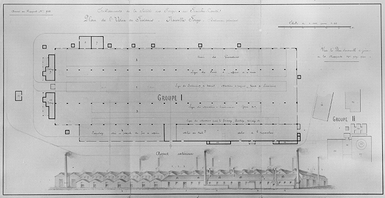 Etablissements de la Société des Forges de Franche-Comté. Plan de l'Usine de Fraisans. Nouvelle Forge. Bâtiment principal.